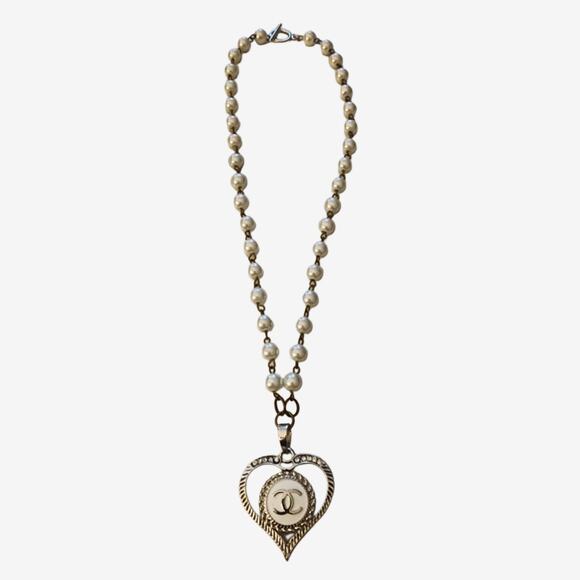 Upcycled Designer Button Heart Pendant on Pearl Rosary Style Necklace - Picture 4 of 5